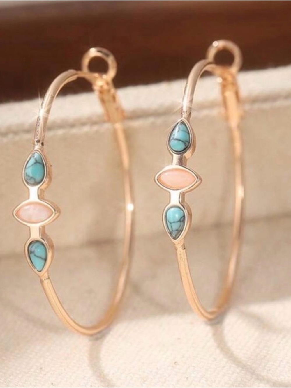 Gold Hoop Earrings with Turquoise and Peach Stone Accents